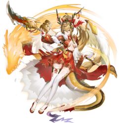  aged_up ahoge ark_order asymmetrical_sleeves bamboo_steamer baozi blonde_hair bow braid breasts bridal_gauntlets center_opening dragon dragon_horns dragon_tail dragon_wings eastern_dragon_tail feathered_wings female flats food full_body fur-trimmed_sleeves fur_trim gloves gold_trim hairbow high_ponytail highres holding holding_polearm holding_weapon horns large_breasts leg_ribbon long_hair long_sleeves looking_at_viewer low-tied_long_hair mismatched_sleeves official_art parted_lips polearm pppppan puffy_long_sleeves puffy_sleeves red_bow red_footwear red_gloves red_ribbon red_shirt red_skirt ribbon shirt skirt solo tachi-e tail thigh_ribbon thighhighs transparent_background variant_set very_long_hair weapon white_shirt white_thighhighs white_wings wide_sleeves wings yellow_eyes yinglong_(ark_order) 