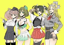  4girls anno88888 atlanta_(kancolle) bad_id bad_twitter_id blonde_hair breasts brown_hair cleavage closed_eyes double_bun garrison_cap garter_straps gloves green_hair grin hair_bun hair_ribbon hat headgear highres japanese_clothes kantai_collection large_breasts long_hair maya_(kancolle) maya_kai_ni_(kancolle) mini_hat multiple_girls muneate nelson_(kancolle) open_mouth partially_fingerless_gloves ribbon short_hair side_slit simple_background single_glove skirt smile suspender_skirt suspenders twintails v yellow_background yugake zuikaku_(kancolle) zuikaku_kai_ni_(kancolle) 