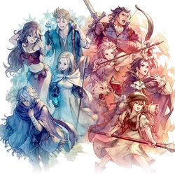  4boys 4girls alfyn_greengrass animal ascot bandaged_arm bandages blonde_hair blue_hair book bow_(weapon) breasts brooch brown_hair cape closed_eyes closed_mouth crop_top cyrus_albright dancer dark_blue_hair drawing_bow dress everyone fur-trimmed_cape fur_trim h&#039;aanit_(octopath_traveler) holding holding_book holding_bow_(weapon) holding_lamp holding_staff holding_sword holding_weapon jewelry leopard linde_(octopath_traveler) long_hair long_sleeves medium_breasts multiple_boys multiple_girls octopath_traveler octopath_traveler_i off-shoulder_shirt off_shoulder official_art olberic_eisenberg open_mouth ophilia_clement poncho ponytail primrose_azelhart ribbon satou_kivi scarf shirt short_hair short_sleeves smile snow_leopard staff sword therion_(octopath_traveler) tressa_colzione weapon white_ascot white_dress white_hair wrist_ribbon 