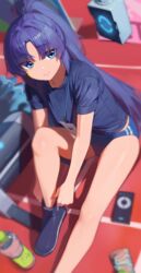  absurdres bare_legs blue_archive blue_buruma blue_eyes blue_hair blue_shirt bottle buruma closed_mouth commentary_request female foot_out_of_frame gym_uniform highres jaws_(okdol0928) knee_up korean_commentary lanyard long_hair looking_at_viewer official_alternate_costume parted_bangs ponytail putting_on_shoes shirt short_sleeves sitting smile solo star_sticker sticker_on_face water_bottle yuuka_(blue_archive) yuuka_(track)_(blue_archive) 