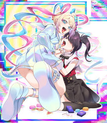  2girls absurdres ame-chan_(needy_girl_overdose) black_hair black_nails black_ribbon black_skirt black_socks blonde_hair blue_bow blue_eyes blue_footwear blue_hair blue_serafuku blue_shirt blue_skirt blush bow chouzetsusaikawa_tenshi-chan collared_shirt cookie dual_persona eyeshadow food hair_ornament hair_over_one_eye hair_tie hairbow hairclip highres holding_hands holographic_clothing interlocked_fingers jerun jirai_kei long_hair long_sleeves looking_at_viewer macaron makeup multicolored_hair multicolored_nails multiple_girls multiple_hair_bows neck_ribbon needy_girl_overdose open_mouth pill pink_bow pink_eyeshadow pink_hair platform_footwear pleated_skirt purple_bow quad_tails red_nails red_shirt ribbon sailor_collar school_uniform serafuku shirt shirt_tucked_in sitting skirt smile socks suspender_skirt suspenders tongue tongue_out twintails very_long_hair window_(computing) x_hair_ornament yellow_bow 