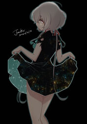  absurdres black_background black_dress carrion1129 commentary_request dress female hair_ribbon highres konno_junko long_hair looking_at_viewer looking_back low_twintails pink_eyes red_ribbon ribbon short_sleeves skirt_hold solo starry_sky_print thighs torn_clothes twintails two-sided_fabric two-sided_skirt very_long_hair white_hair zombie_land_saga 