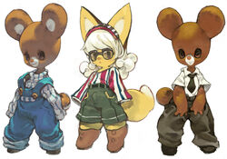  2017 ambiguous_gender anthro bear belt bottomwear brown_body canid canine clothing eyewear footwear fox glasses group hair hi_res koki looking_at_viewer mammal necktie open_mouth overalls shirt shoes shorts simple_background standing topwear white_background white_hair yellow_body 