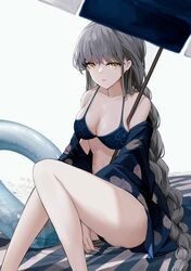  amamizu_shizuku bare_legs bare_shoulders bikini blue_bikini blue_robe braid braided_ponytail breasts cleavage closed_mouth collarbone commission female grey_hair highres legs long_hair looking_at_viewer medium_breasts open_clothes open_robe original robe sitting skeb_commission solo swimsuit thighs towel umbrella white_background yellow_eyes 