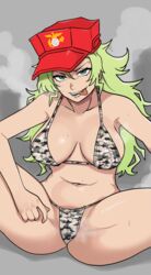  bikini bleach bleach:_sennen_kessen-hen blonde_hair breasts breasts_apart camouflage camouflage_bikini candice_catnipp collarbone digital_camouflage female green_eyes grey_background hand_on_own_thigh hat highres large_breasts long_hair messy_hair navel oeoeoe_(fyzs5787) open_mouth red_hat sitting solo spread_legs steaming_body stomach sweat swimsuit teeth thighs tongue tongue_out 