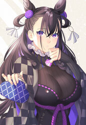  akapug621 bad_id bad_pixiv_id breasts brown_hair change_purse checkered cleavage cone_hair_bun double_bun dress eyes_visible_through_hair fate/grand_order fate_(series) female hair_bun murasaki_shikibu_(fate) murasaki_shikibu_(second_ascension)_(fate) purple_eyes 