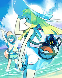  2girls bag beanie black_hair blonde_hair braid clenched_hand cloud commentary_request cosmog day donnpati dress green_eyes hand_on_headwear hat highres lillie_(pokemon) long_hair multiple_girls ocean open_mouth outdoors poke_ball_print pokemon pokemon_(creature) pokemon_sm profile red_headwear selene_(pokemon) shirt short_sleeves shorts sky sleeveless sleeveless_dress smile standing sun_hat tied_shirt twin_braids water white_dress white_headwear 