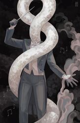  1boy animal_head bow bowtie conductor conductor_baton driftwoodwolf feet formal gloves grey_suit half_gloves headless holding jacket male_focus monster_boy musical_note open_clothes open_jacket pants regalia_for_the_wretched scales smoke snake solo striped_clothes striped_pants suit white_bow white_bowtie white_snake 