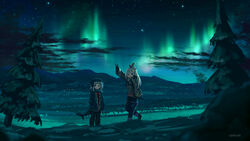  2girls advarcher airani_iofifteen alternate_costume aurora commentary fins fish_tail gawr_gura hand_up highres hololive hololive_english hololive_indonesia jacket looking_away medium_hair mountain multiple_girls night norway outdoors scarf scenery shark_tail sky standing star_(sky) tail tree virtual_youtuber 