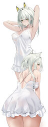  animal_ears arknights armpits arms_up ass bare_arms bare_shoulders blazingchaos breasts cat_ears cleavage closed_mouth extra_ears female green_eyes grey_hair highres kal&#039;tsit_(arknights) large_breasts leaning_forward long_hair looking_at_viewer multiple_views negligee simple_background white_background 