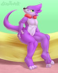  ambiguous_gender anthro bed buizel fur furniture generation_4_pokemon gobanire green_eyes hindpaw looking_at_viewer muscular muscular_ambiguous muscular_anthro nintendo paws pokemon pokemon_(species) purple_body purple_fur ruby_the_buizel_(gobanire) solo tail 