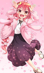  :d ahoge animal_ears arms_up black_skirt blush braid commentary_request crescent crescent_hair_ornament fake_animal_ears female floral_background floral_print gradient_background hair_between_eyes hair_ornament highres jacket kantai_collection long_hair long_sleeves looking_at_viewer no_socks oerba_yun_fang open_clothes open_jacket pink_background pink_jacket print_skirt puffy_long_sleeves puffy_sleeves rabbit_ears rabbit_hair_ornament red_eyes red_hair shirt shoes sills single_braid skirt smile solo uzuki_(kancolle) very_long_hair white_footwear white_shirt 