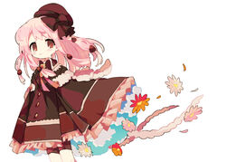  brown_eyes brown_hat brown_ribbon buttons closed_mouth double_exposure female flower frills hat magia_record:_mahou_shoujo_madoka_magica_gaiden magical_girl mahou_shoujo_madoka_magica multi-tied_hair orange_flower pink_flower pink_hair pink_ribbon ribbon smile solo tamaki_ui usagi_nui white_background 