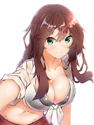  absurdres bikini bikini_under_clothes black_bikini blush braid breasts brown_hair cleavage collarbone female green_eyes hair_between_eyes hair_undone halkawa501 highres kantai_collection large_breasts leaning_forward long_hair looking_at_viewer messy_hair navel noshiro_(kancolle) red_sarong sarong shirt sidelocks simple_background smile solo swimsuit twin_braids white_background white_shirt 