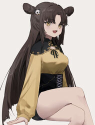  absurdres bad_id bad_pixiv_id black_shorts brown_eyes brown_hair commentary crossed_legs double_bun feet_out_of_frame female grey_background hair_bun hair_ornament high-waist_shorts highres long_hair looking_at_viewer oerba_yun_fang open_mouth original panda_hair_ornament parted_bangs shirt shorts shou_(mori_boro) shrug_(clothing) skin_fang sleeves_past_wrists smile solo symbol-only_commentary thighs very_long_hair yellow_shirt 