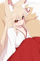  2020 2:3 animal_humanoid asian_clothing bottomwear canid canid_humanoid canine canine_humanoid clothed clothing east_asian_clothing female fox_humanoid hair hakama haori hi_res humanoid japanese_clothing long_hair mammal mammal_humanoid mofuaki multi_tail red_eyes solo tail tan_hair 