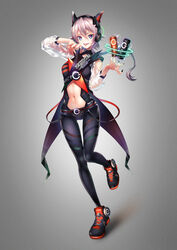  absurdres arm_up bare_shoulders belt black_footwear black_pantyhose black_shirt black_shorts blue_eyes braid breasts can center_opening clothing_cutout dive_to_zone energy_drink fake_horns female floating_hair fukuzawa_yukichi_(egoist867) full_body grey_hair hair_between_eyes headphones highres horns leg_up long_hair long_sleeves looking_at_viewer medium_breasts micro_shorts multicolored_nails nail_polish navel oerba_yun_fang open_mouth pantyhose see-through see-through_sleeves shirt shoes shorts shoulder_cutout single_braid smile sneakers solo standing standing_on_one_leg stomach suspenders tailcoat tongue tongue_out v-shaped_eyebrows zone_(energy_drink) 