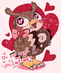  accessory animal_crossing anthro avian beak bird blathers_(animal_crossing) blush bow_(feature) bow_accessory chibi decorated_bow feet fossil heart_accessory heart_bow heart_eyes heart_symbol hearts_around_text hi_res holidays male nintendo owl shandrawaka shanutaka solo talons text_with_heart toes unidentified_fossil_(animal_crossing) valentine&#039;s_day 