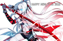  absurdres alpha_(punishing:_gray_raven) asymmetrical_legwear black_bra blue_eyes bra breasts electricity female flaming_eye gradient_hair heterochromia highres holding holding_sword holding_weapon jacket katana kongbai_huanxiang long_hair lucia:_crimson_abyss_(punishing:_gray_raven) mechanical_arms medium_breasts multicolored_hair navel punishing:_gray_raven red_eyes red_hair sheath single_mechanical_arm solo sword twintails underwear weapon white_hair white_jacket 