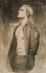  1boy abs art_of_neight artist_name artstation_logo belt brown_theme closed_mouth commentary cowboy_shot deviantart_logo emblem english_commentary erwin_smith facebook_logo furrowed_brow highres instagram_logo jacket jewelry lips logo long_sleeves looking_away looking_up male_focus monochrome navel necklace nipples open_clothes open_jacket pants paradis_military_uniform patreon_logo pendant profile sepia shingeki_no_kyojin short_hair sideburns solo survey_corps_(emblem) tiktok_logo toned toned_male twitch_logo twitter_logo undercut 