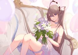  absurdres alternate_costume aoi_tooru arknights balloon blue_eyes bouquet breasts brown_hair choker cleavage collarbone couch dress feet_out_of_frame female flower gloves highres holding holding_bouquet indigo_(arknights) knees_up long_hair looking_at_viewer on_couch parted_lips solo tail thigh_strap very_long_hair white_choker white_dress white_flower white_gloves 