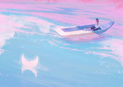  boat cherry_blossoms crescent_moon female moon morncolour original reflection scenery sitting water watercraft 