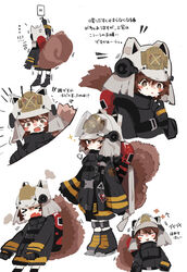  &gt;_&lt; anger_vein arknights arrow_(symbol) black_coat black_footwear black_gloves blush blush_stickers boots brown_hair chibi closed_eyes coat commentary emphasis_lines female fire_extinguisher full_body gloves hair_between_eyes helmet highres laughing light_switch long_sleeves looking_at_viewer multiple_views oerba_yun_fang open_mouth pointing pointing_at_viewer pout reaching ryu_(17569823) sad shaw_(arknights) short_hair simple_background skin_fang smile sparkle squirrel_tail strap sweat tail translated uniform visor white_background white_headwear 