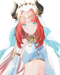  absurdres aqua_eyes bad_id bad_pixiv_id blue_veil blush breasts brooch detached_sleeves eyelashes fake_horns female genshin_impact harem_outfit headdress highres horns jewelry long_hair looking_at_viewer midriff navel nilou_(genshin_impact) red_hair simple_background small_breasts smile solo umenoume upper_body veil very_long_hair white_background 