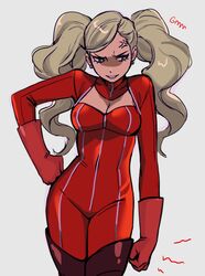  anger_vein blonde_hair blue_eyes bodysuit boots breasts cleavage cleavage_cutout clothing_cutout english_commentary english_text female gloves grey_background hand_on_own_hip highres long_hair medium_breasts neekosiah persona persona_5 red_bodysuit red_footwear red_gloves simple_background solo takamaki_anne thigh_boots twintails 