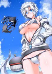  1other bikini blue_sky breasts cloud commentary cowboy_shot day eyewear_on_head female g_(genesis1556) grey_bikini groin hair_between_eyes hands_in_pockets highres large_breasts long_sleeves looking_at_viewer orca original rapid_punches rio_(g_(genesis1556)) short_hair sky smile standing sunglasses swimsuit thighs tsubasa_ryuuji whale white_hair 