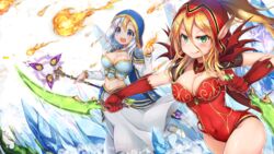  2girls airmisuzu armor armored_dress blonde_hair blue_eyes dagger dual_wielding gauntlets gold_trim green_eyes hearthstone highres holding holding_weapon hood jaina_proudmoore knife leotard long_hair magic multicolored_hair multiple_girls pointy_ears shoulder_armor staff two-tone_hair valeera_sanguinar warcraft weapon 