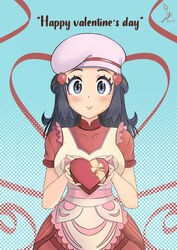  absurdres apron bad_id bad_twitter_id black_hair blush box breasts commentary dawn_(palentine&#039;s_2021)_(pokemon) dawn_(pokemon) dress english_commentary female food fruit gift grey_eyes hair_ornament hairclip happy_valentine hat heart heart-shaped_box highres incoming_gift laceysx long_hair looking_at_viewer medium_breasts pokemon pokemon_masters_ex red_dress ribbon solo strawberry symbol_in_eye valentine 