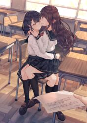  1other 2girls absurdres benevole black_hair black_socks brown_eyes brown_footwear brown_hair chair classroom commentary_request desk hair_ornament hairclip highres holding holding_paper hug indoors mixed-language_commentary multiple_girls one_eye_closed open_mouth original paper pink_eyes sailor_collar school school_uniform serafuku shoes sitting sitting_on_lap sitting_on_person socks window yuri 