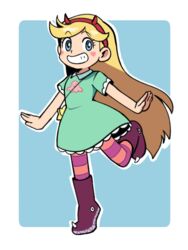  blonde_hair blue_eyes boots commentary dress facial_mark fake_horns female full_body grin hairband heart heart_cheeks highres horned_headwear horns leg_up long_hair looking_at_viewer pantyhose smile solo standing standing_on_one_leg star_(symbol) star_butterfly star_vs_the_forces_of_evil striped_clothes striped_pantyhose very_long_hair yume_yoroi 