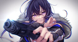  aiming aiming_at_viewer bare_shoulders black_hair blue_hair blurry blurry_foreground depth_of_field earrings female fur_trim glock gun handgun highres holding holding_gun holding_weapon ichinose_uruha ichinose_uruha_(4th_costume) jewelry lens_flare long_hair looking_at_viewer lupinus_virtual_games multicolored_hair parted_lips purple_eyes rairaisuruyo simple_background solo two-tone_hair upper_body virtual_youtuber vspo! weapon white_background 