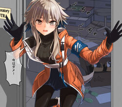  ahoge arknights armband black_gloves black_sweater blonde_hair blue_hair blue_skirt blush female gloves grey_eyes headset highres id_card jacket looking_at_viewer mayer_(arknights) open_clothes open_jacket open_mouth orange_footwear orange_jacket otter_tail panicking shironekoban skirt solo speech_bubble sweater tail thighhighs turtleneck turtleneck_sweater 