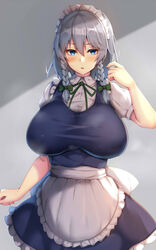  apron blue_eyes blush bow braid breasts cowboy_shot dress female frilled_apron frills green_bow grey_background grey_hair hair_between_eyes hairbow hand_up huge_breasts izayoi_sakuya kamokatatsumuri looking_at_viewer maid maid_apron maid_headdress neck_ribbon puffy_short_sleeves puffy_sleeves ribbon shirt short_hair short_sleeves simple_background solo standing thighs touhou twin_braids waist_apron wall white_apron white_shirt 