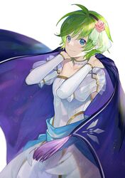  blue_eyes bride bride_(fire_emblem) cape closed_mouth dress female fire_emblem fire_emblem:_the_blazing_blade flower green_hair hair_flower hair_ornament hairband highres kyufe nino_(fire_emblem) short_hair simple_background smile solo wedding_dress white_background white_dress 