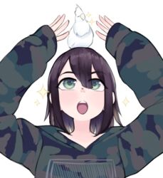  arms_up bird brown_hair camouflage camouflage_hoodie commentary english_commentary female green_eyes hair_between_eyes hands_up hood hoodie long_sleeves medium_hair open_mouth original parrot simple_background solo sparkle teeth upper_body upper_teeth_only white_background yoako 