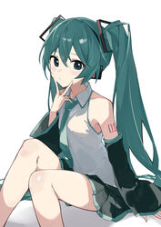  aqua_eyes aqua_hair aqua_necktie bad_id bad_pixiv_id bare_legs bare_shoulders black_skirt black_sleeves breasts closed_mouth collared_shirt commentary detached_sleeves female finger_to_own_chin grey_shirt hair_between_eyes hair_ornament hatsune_miku headphones highres light_blush long_hair looking_at_viewer necktie number_tattoo pleated_skirt rakugaki_ningen shirt shoulder_tattoo sitting skirt sleeveless sleeveless_shirt small_breasts solo tattoo twintails v very_long_hair vocaloid white_background wide_sleeves 