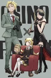  2boys anya_(spy_x_family) anya_(spy_x_family)_(cosplay) araragi_koyomi bag bare_shoulders black_choker black_dress black_footwear black_hair black_thighhighs blonde_hair blush bunoshii choker collarbone collared_shirt cosplay crossdressing dagger dress dual_wielding earrings eden_academy_school_uniform elbow_rest embarrassed facial_hair female flower formal full_body gold_earrings gold_hairband green_jacket green_pants green_suit gun hair_flower hair_ornament hairband hand_on_own_cheek hand_on_own_face head_rest highres holding holding_bag holding_dagger holding_gun holding_knife holding_weapon horn_ornament horns jacket jewelry knife long_hair looking_at_viewer monogatari_(series) multiple_boys neck_ribbon necktie oshino_meme oshino_shinobu pants pantyhose red_necktie ribbon rose school_uniform shirt short_hair sitting sleeveless sleeveless_dress smug spy_x_family suit thighhighs twilight_(spy_x_family) twilight_(spy_x_family)_(cosplay) weapon white_pantyhose white_shirt yellow_eyes yor_briar yor_briar_(cosplay) zettai_ryouiki 