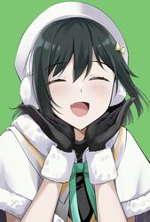  absurdres black_gloves black_hair bow bowtie closed_eyes colorful_dreams!_colorful_smiles!_(love_live!) commentary dark_green_hair earmuffs female gloves green_background green_bow hair_ribbon happy highres kitaku_(nakamachi_machi) love_live! love_live!_nijigasaki_high_school_idol_club mifune_shioriko oerba_yun_fang orange_eyes red_eyes ribbon short_hair smile solo swept_bangs white_hair winter_clothes 