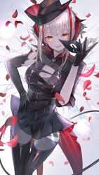  ambience_synesthesia arknights asymmetrical_gloves black_gloves black_hat black_pantyhose black_thighhighs breasts cowboy_shot demon_girl demon_horns demon_tail elbow_gloves fangs female gloves grey_hair hat hemorina highres holding holding_mask horns layered_legwear looking_at_viewer mask official_alternate_costume pantyhose petals phantom_thief short_hair small_breasts solo tail thighhighs thighhighs_over_pantyhose thighs torn_clothes torn_pantyhose w_(arknights) w_(wanted)_(arknights) white_hair yellow_eyes 