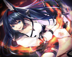  :d animal_ear_fluff animal_ears arknights aura black_gloves black_hair black_shorts blaze_(arknights) blue_eyes breasts cat_ears chest_belt female fukuzawa_yukichi_(egoist867) gloves hairband highres holding holding_weapon long_hair looking_at_viewer medium_breasts oerba_yun_fang open_mouth originium_arts_(arknights) red_hairband shirt shorts smile solo weapon white_shirt 