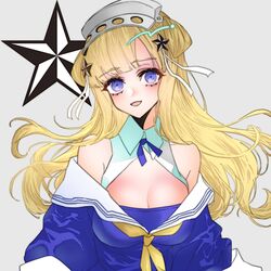  anno88888 bad_id bad_twitter_id blonde_hair blue_shirt blush breasts cleavage double_bun female fletcher_(kancolle) grey_background hair_bun hair_ornament hairband highres kantai_collection large_breasts long_hair neckerchief off_shoulder open_mouth purple_eyes sailor_collar school_uniform serafuku shirt simple_background solo star_(symbol) star_hair_ornament upper_body yellow_neckerchief 