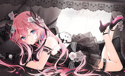  a20_(atsumaru) black_bow black_butterfly black_footwear bow bug butterfly dress female flower frills garter_straps hair_flower hair_ornament hanagumo_kuyuri high_heels highres hitotose_tanteidan lace lace_dress long_hair looking_at_viewer official_art parted_lips pink_hair solo white_flower 