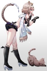  absurdres animal_ears ass bare_shoulders bikini bikini_top_only black_bikini black_footwear black_gloves black_shorts blue_eyes boots braid breasts brown_hair can_(honkai_impact) cat_ears cat_girl cat_tail female from_side full_body gloves highres honkai_(series) honkai_impact_3rd knee_boots leaning_forward looking_at_viewer md5_mismatch medium_breasts oukafafafa pardofelis_(honkai_impact) paw_pose short_hair short_shorts shorts solo standing swimsuit tail thighs 