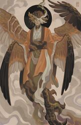  1boy brown_hair character_request covered_eyes driftwoodwolf dust expressionless facing_viewer fantasy flying full_body haori harpy_boy japanese_clothes kimono male_focus monster_boy orange_kimono original regalia_for_the_wretched short_hair solo talons wings 