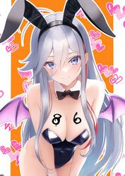  86_-eightysix- absurdres ahoge alternate_costume animal_ears antenna_hair bare_shoulders bat_wings black_bow black_bowtie black_hairband black_leotard blue_eyes blush body_writing bow bowtie breasts cleavage closed_mouth commentary_request covered_navel detached_collar fake_animal_ears female grey_hair groin hair_between_eyes hairband halloween halloween_costume heart heart_background highleg highleg_leotard highres leone_(kamina0205) leotard long_hair looking_at_viewer medium_breasts multicolored_hair paid_reward_available pillarboxed playboy_bunny purple_wings rabbit_ears smile solo streaked_hair very_long_hair vladilena_millize wings wrist_cuffs 