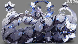  arm_strap bare_shoulders blue_eyes blue_flower blue_nails blue_rose blurry blurry_background breasts chains covered_navel covered_nipples creature cuffs dress female floating flower full_body grey_background grey_dress haze/reverb headgear highres lamia large_breasts logo long_hair looking_at_viewer mecha_musume mechanical_tail monster_girl nail_polish outline pale_skin parted_bangs parted_lips rose shackles shadow sideboob sidelocks simple_background smoke solo tail very_long_hair white_hair zhu_fun 